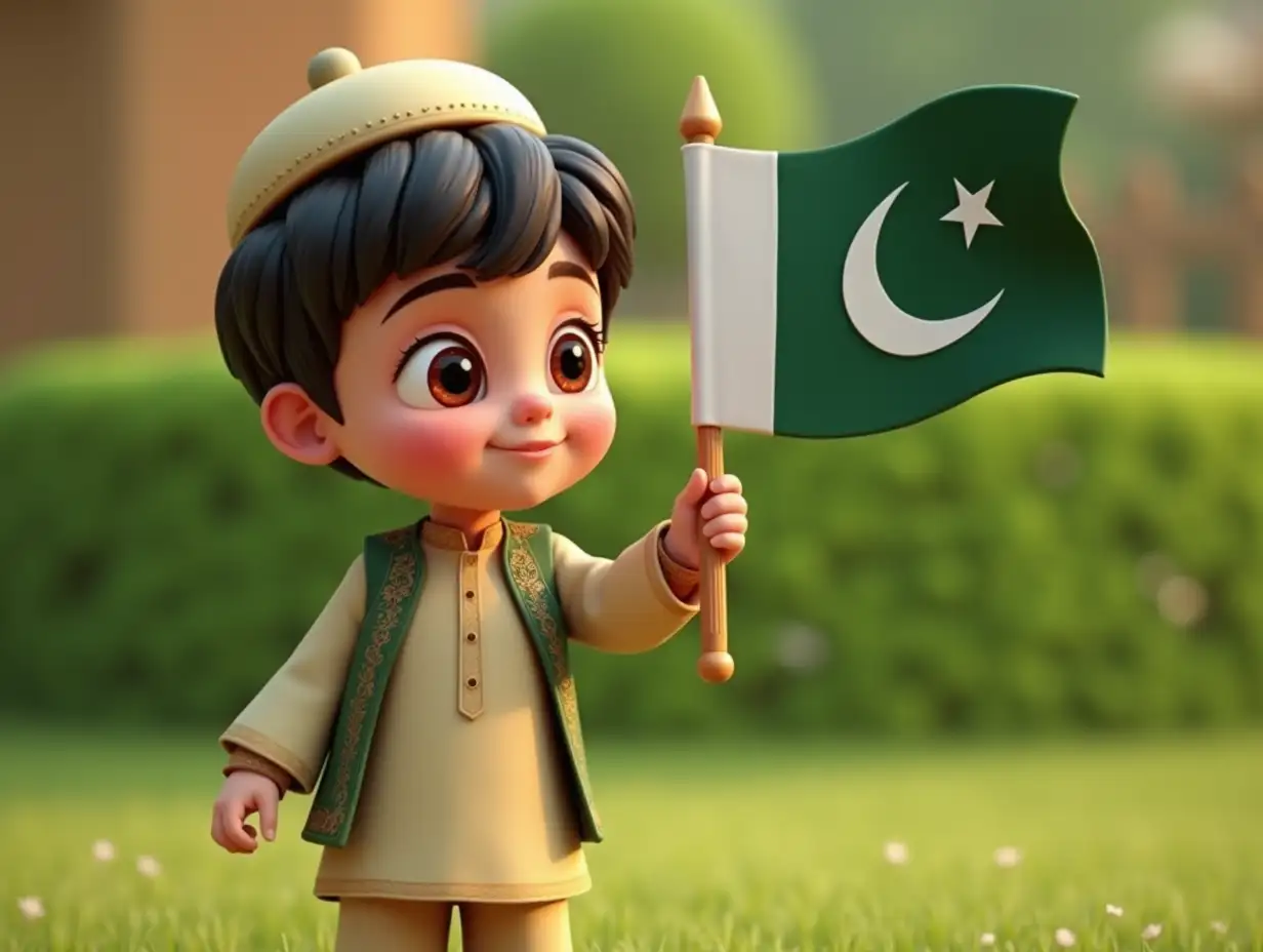 A little boy wearing traditional Pakistani dress holding a Pakistani flag with correct design, i.e.white strip on the pole side and green portion the other side with a white crescent and star. He is standing in a garden wearing shalwar kameez and Muslim cap. 3D Pixar Style