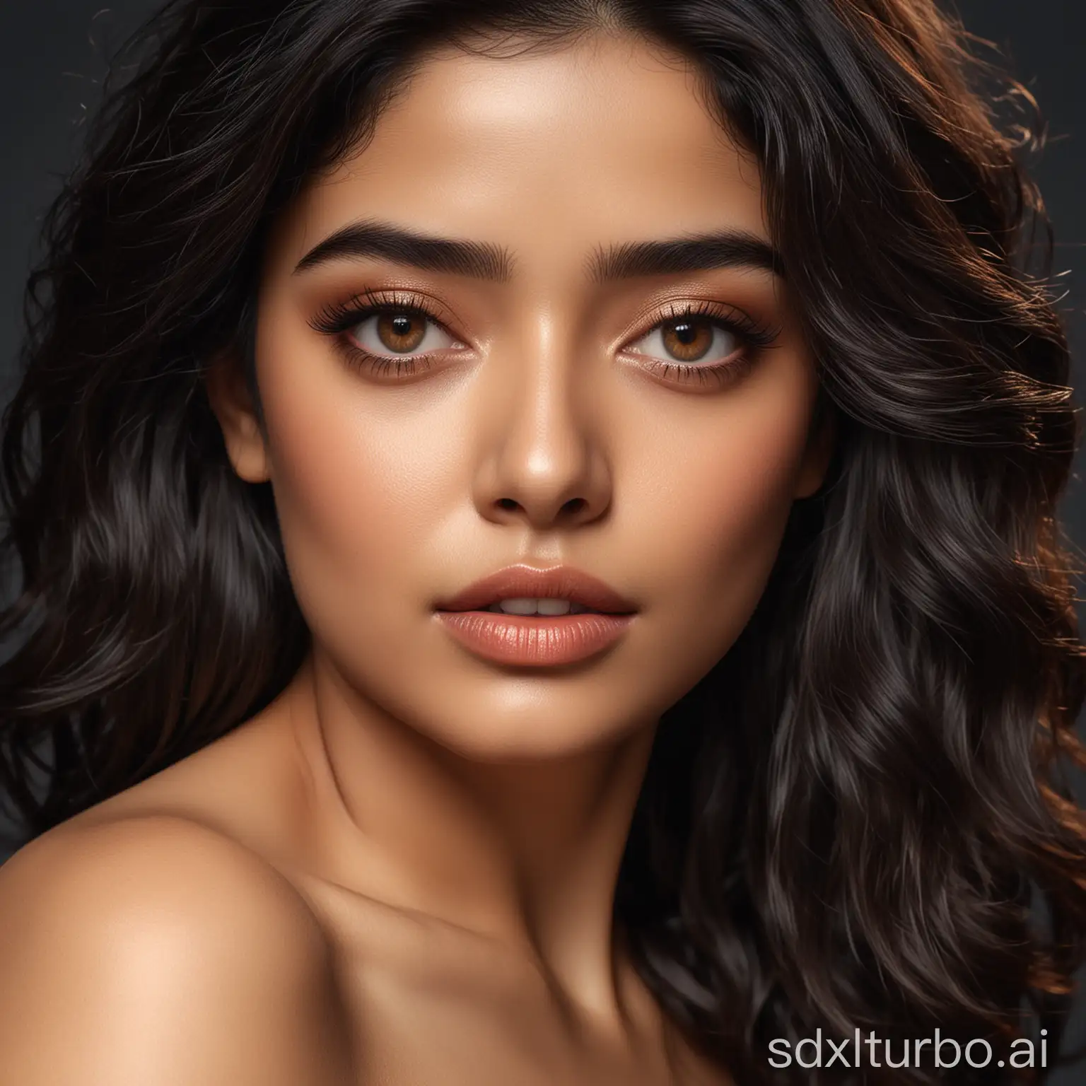 close-up ultra-realistic portrait of a breathtaking woman with warm brown glowing skin, deep-set almond eyes with an intense and alluring gaze, long black voluminous wavy hair, full glossy lips, high cheekbones, elegant sharp jawline, photogenic symmetrical face, confident seductive expression, soft cinematic lighting, high detail skin texture, fashion photography style, inspired by the unique charm of Ketika Sharma, Rashmika Mandanna, and Bhargavi Borse