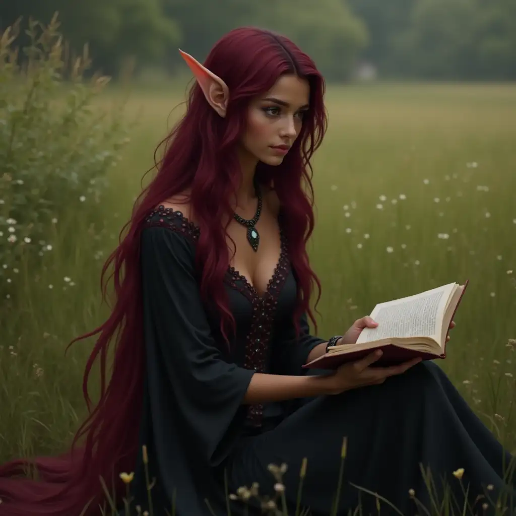 Mystical Elf Maiden Reading in a Serene Meadow