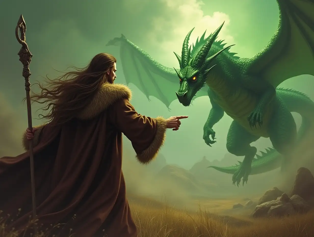 A dramatic painting, full scene view of a long brown haired man in a brown fur lined robe with a staff, fighting a 100ft tall green dragon in the distance, the man is casting a spell that alters time while pointing at the dragon in the distance