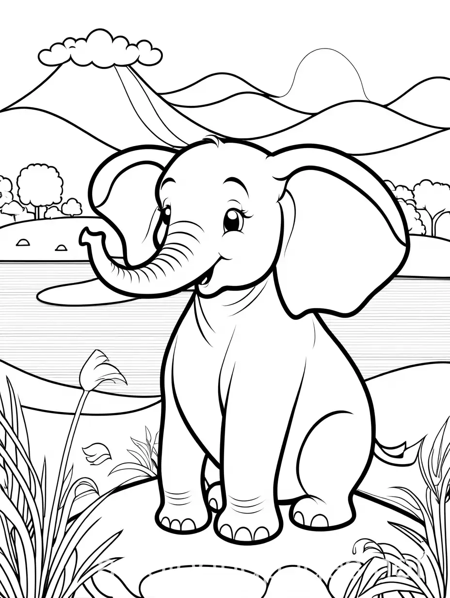 Chubby-Elephant-Eating-Grass-Near-Lake-Coloring-Page