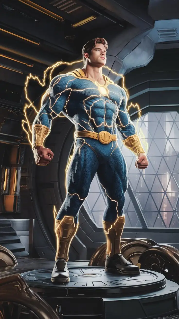 In a secret futuristic bunker. Supercharged brawn. Herculean powers. Golden electrical glow. 24-year-old superhero stands on a dais. Warrior of virtue. Hero of power. Man of destiny. Gazing reverently as he realizes his destiny. Photorealistic.