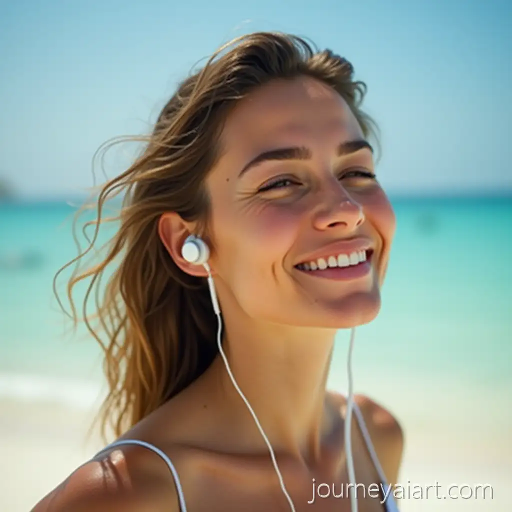 SunKissed-Woman-with-Marshall-Earphones-Enjoying-theAI-Image-Prompt-Expansion-Beach-in-the-Maldives