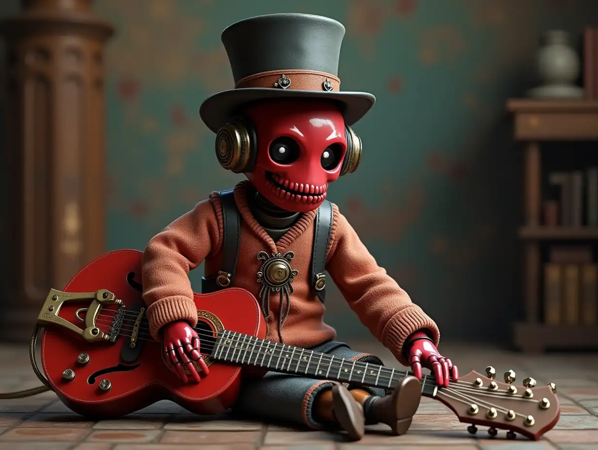 Create a high-resolution, realistic image of a robot with a skeleton body, red porcelain hands and head, a sweater, a Steampunk top hat, and a guitar on the floor in 4K resolution (Steampunk 8K quality)