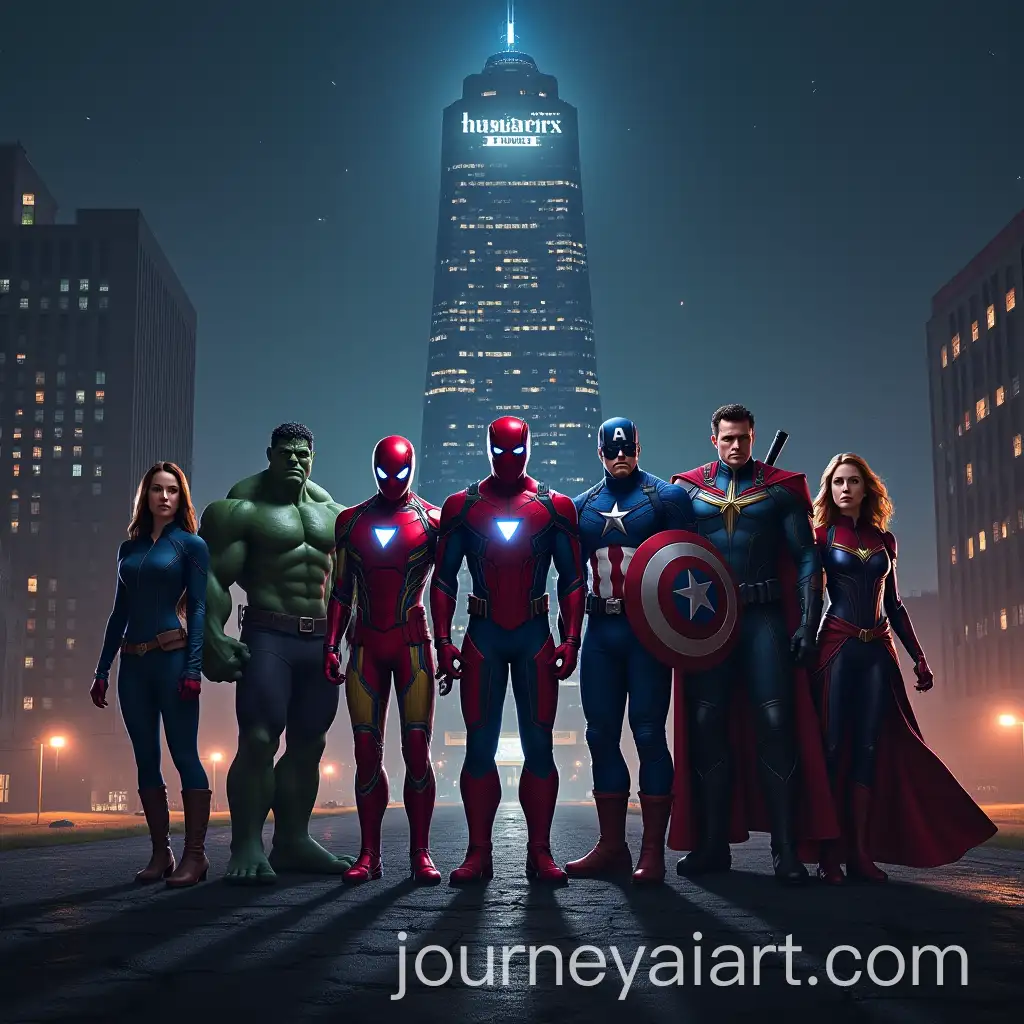 Dynamic-Night-View-of-Avengers-Tower-with-Iconic-Superheroes