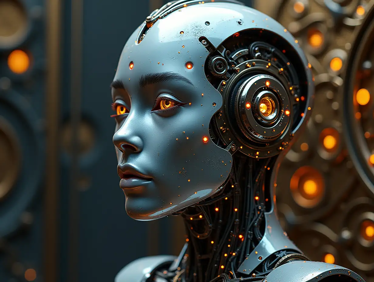 Create a high-resolution, realistic image of artificial intelligence with metal and glass head with many gears, light waveguides, LED lights face 3d 4k resolution with background gold and silver ornaments background