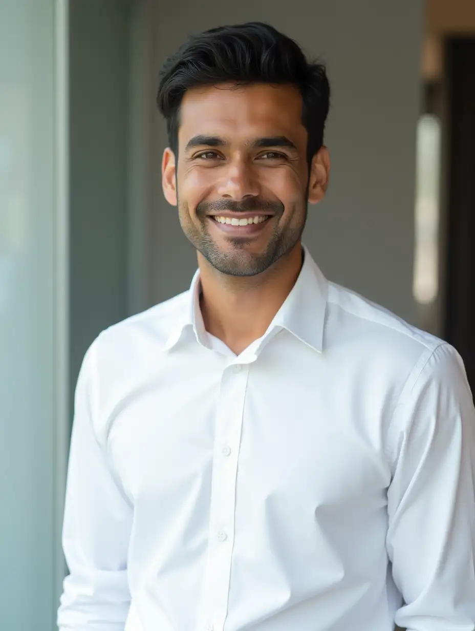 a confident looking, clean-shaven, indian corporate employee dressed in formal white shirt