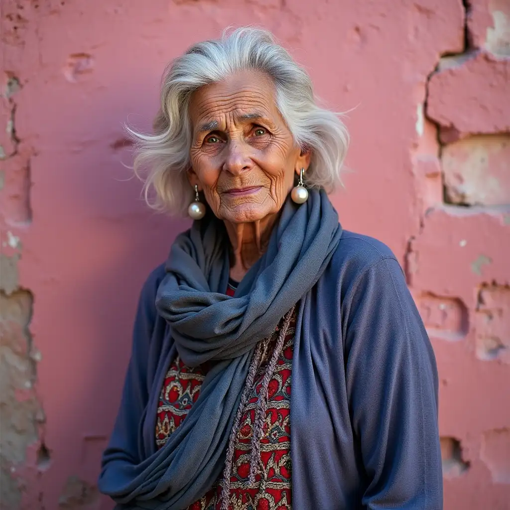 Elderly-Hippie-Woman-in-Blue-Indian-Attire-Against-Pink-Rajasthan-Wall