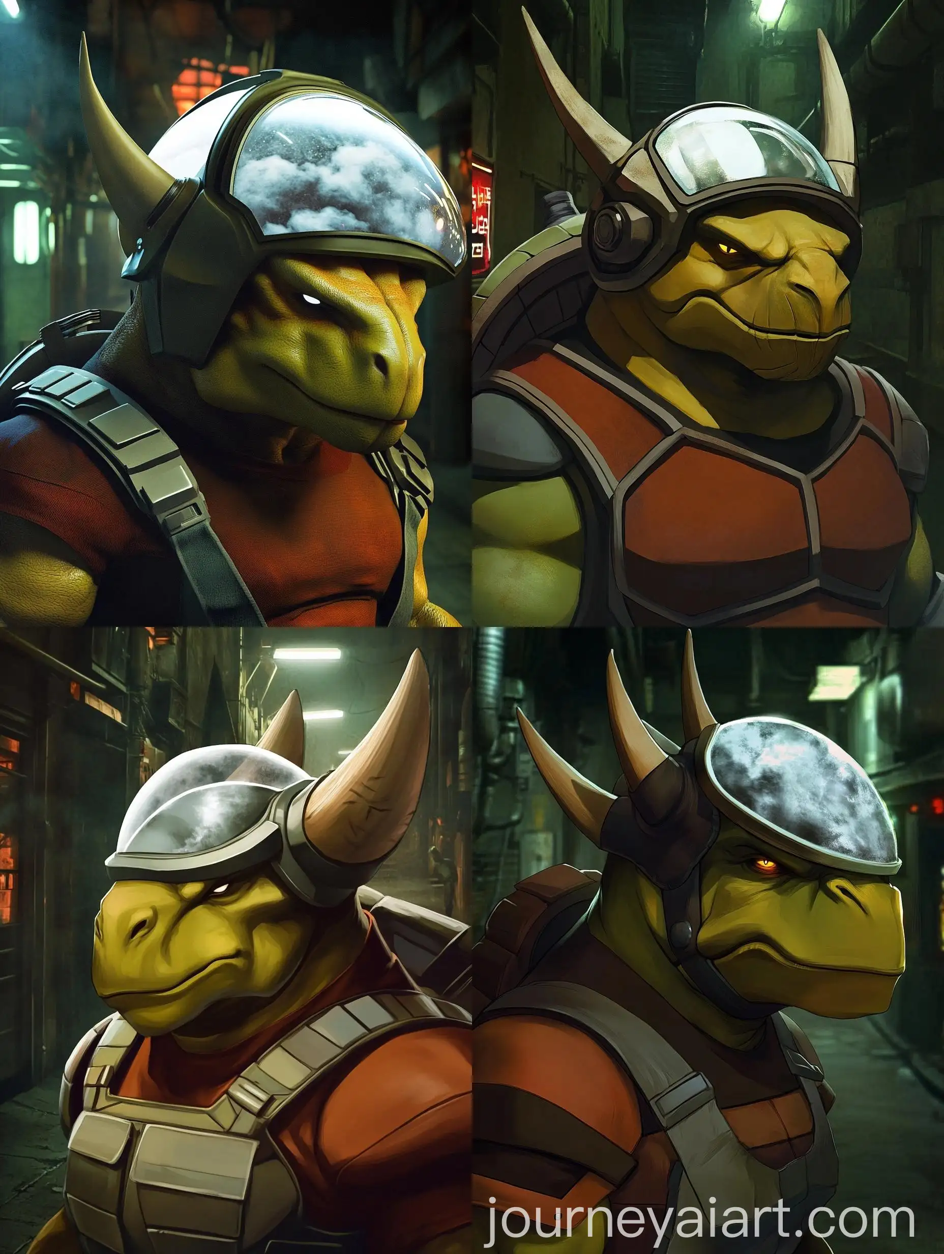 Muscular-Triceratops-Alien-in-Space-Suit-at-Night-Alley