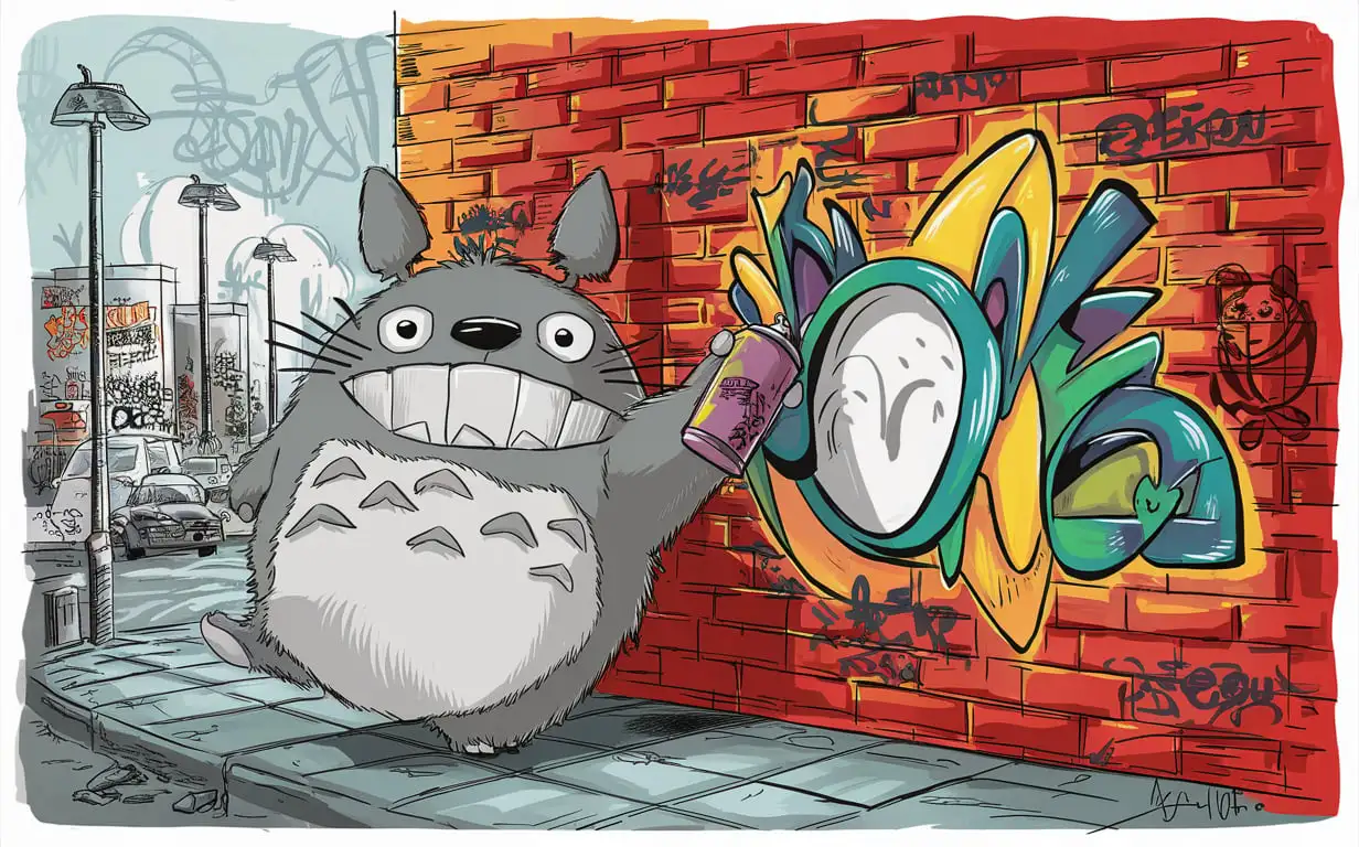 TOTORO TAGGING A WALL WITH A GRAFFITI SPRAY CAN