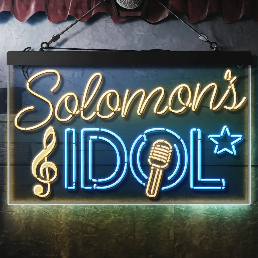 Neon Blue Solomons Idol Sign with a Microphone