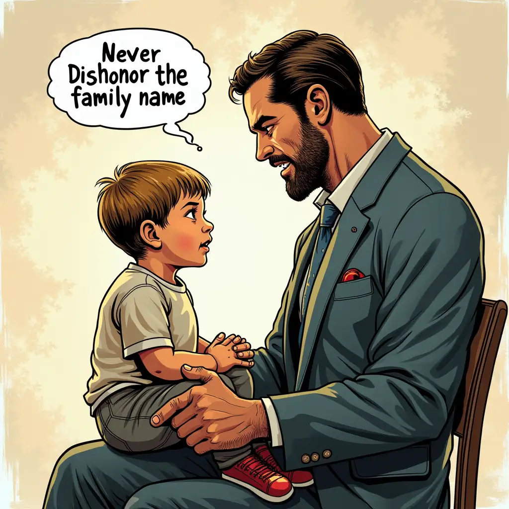 I need a comic book image.   This image is of a toddler sitting on his father's knee.  The speech bubble reads 'Never dishonor the family name'