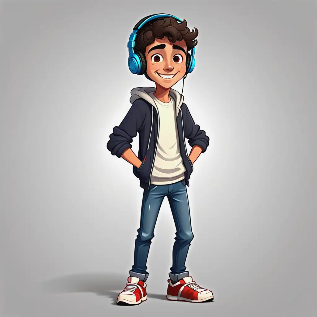Animated Cartoon Spanish Teenage Boy Smiling with Headphones