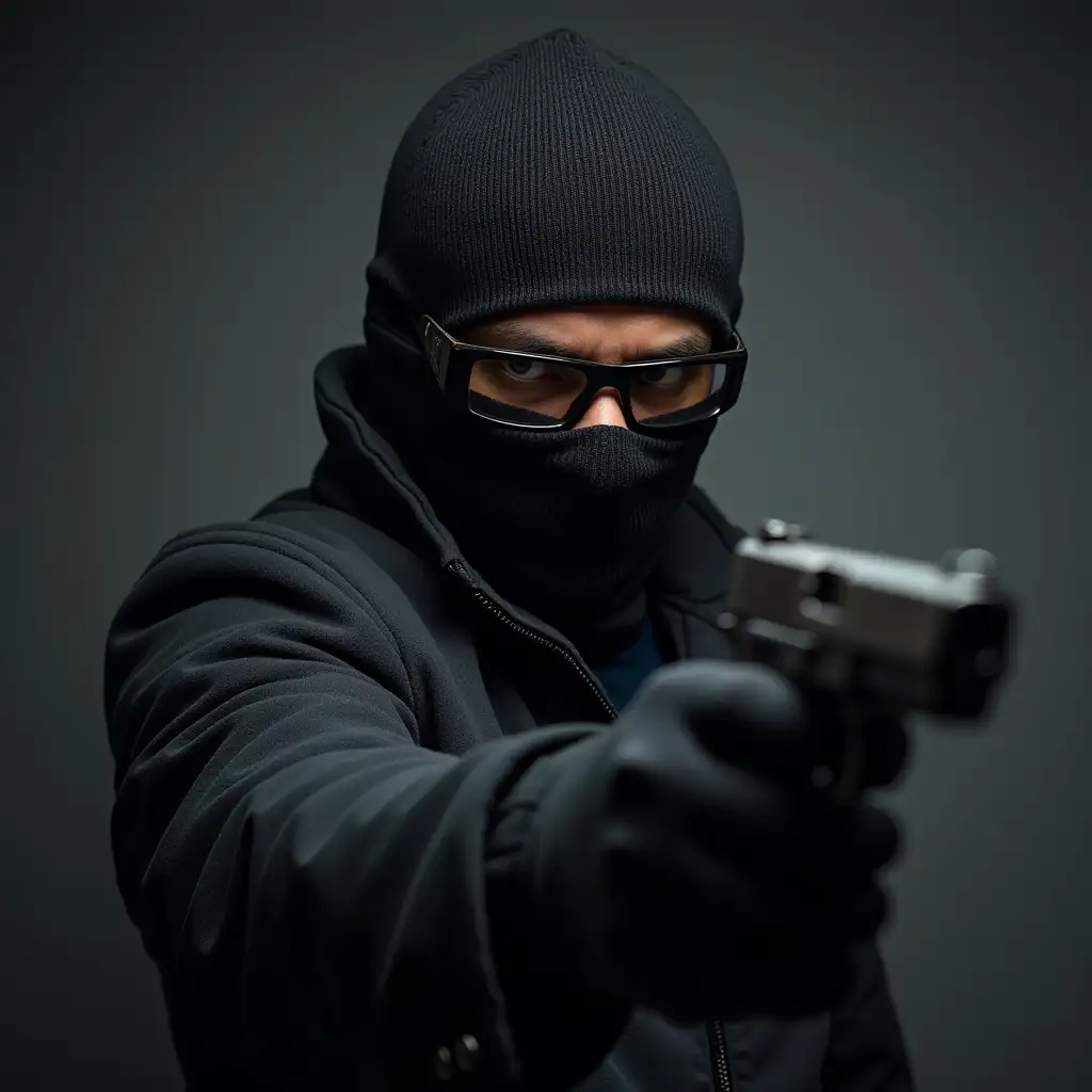 A robber with a balaclava on his head, cool glasses and a gun in his hand and the gun should not be blurry