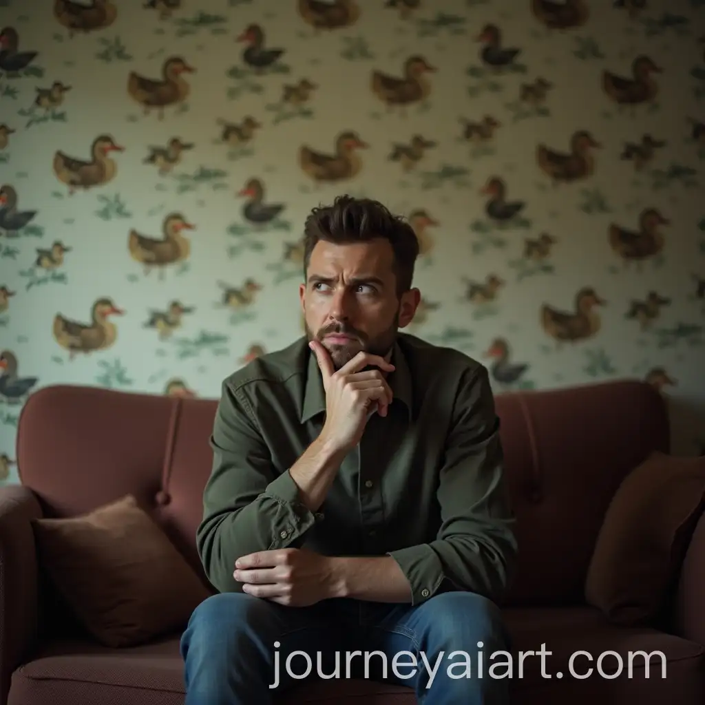 Man-Sitting-on-Sofa-in-Room-with-Blurred-Duck-Pattern-Wallpapers