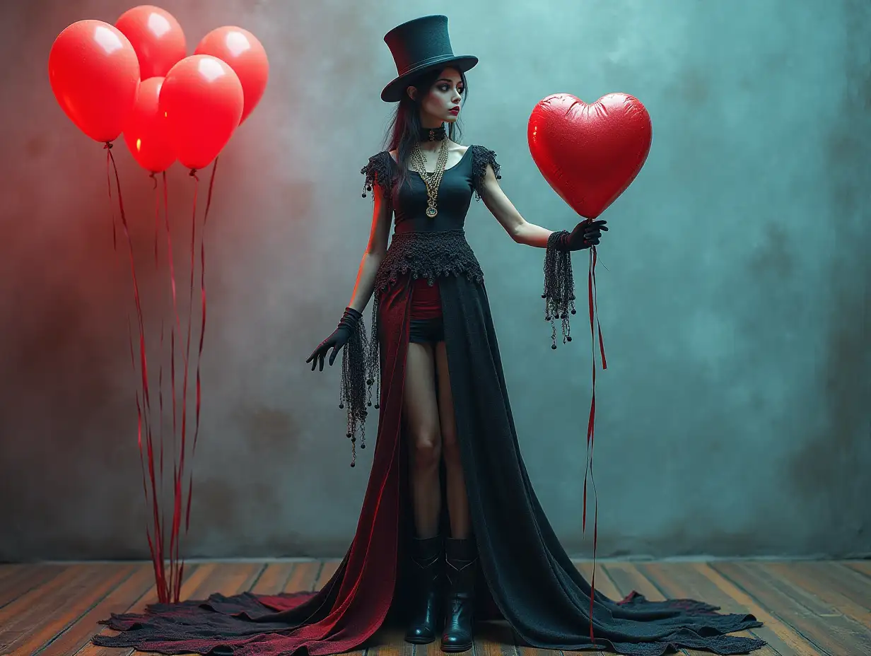 a very long gothic-style woman figure with extremely thin legs and extremely long thin arms with top hat and boots and wearing jewelry.and has several balloons in her hand 4K resolution Colorful