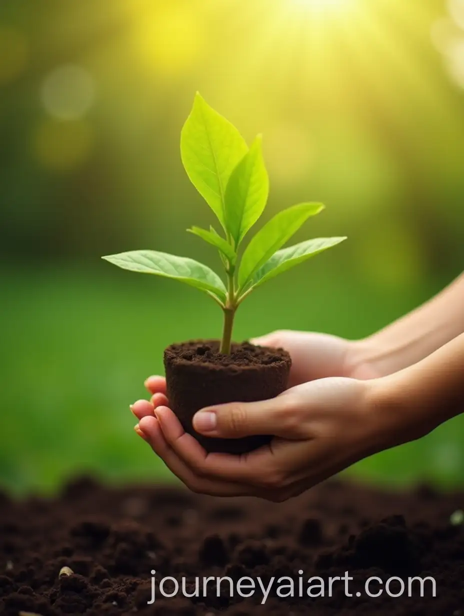 Hand-Holding-Green-Plant-in-Sunlit-Garden-with-Inspirational-Quote