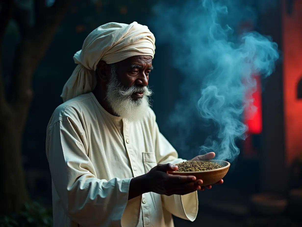 A elderly man, latino with Nigerian party clothes of white colors, with kofi on his head, in his hands a bowl with smoking herbs, cleaning a very mystical place where you can see lights of red and blue colors in the background.