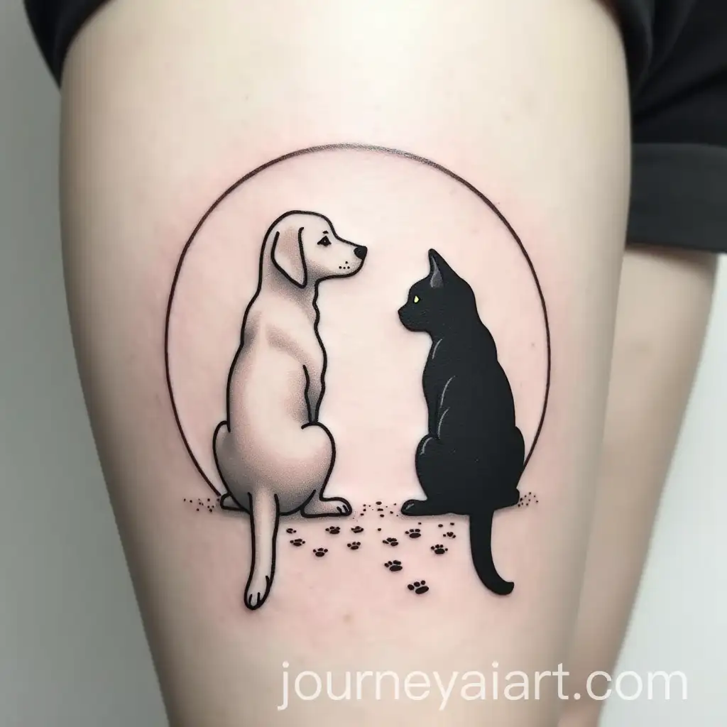 Black-Cat-and-White-Labrador-Retriever-Circle-Tattoo-with-Footprints