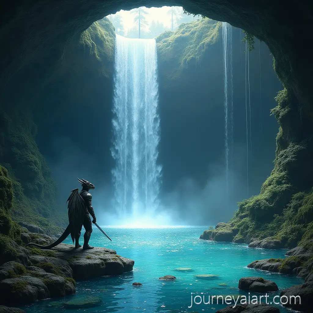 Enchanting-Underground-Waterfall-with-Guardian-Dragon-and-Sparkling-Waters