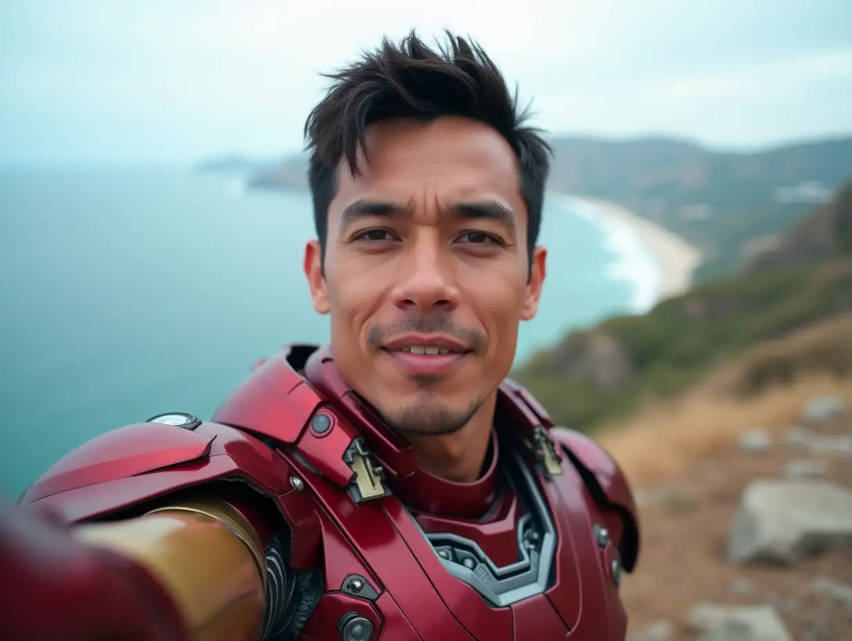 Handsome man, filipino asian facial features, slightly oval face shape, short cut hair, brown skin, around 27 years old. Selfie photo with Iron Man looking at the camera, location on a hill, sea view behind