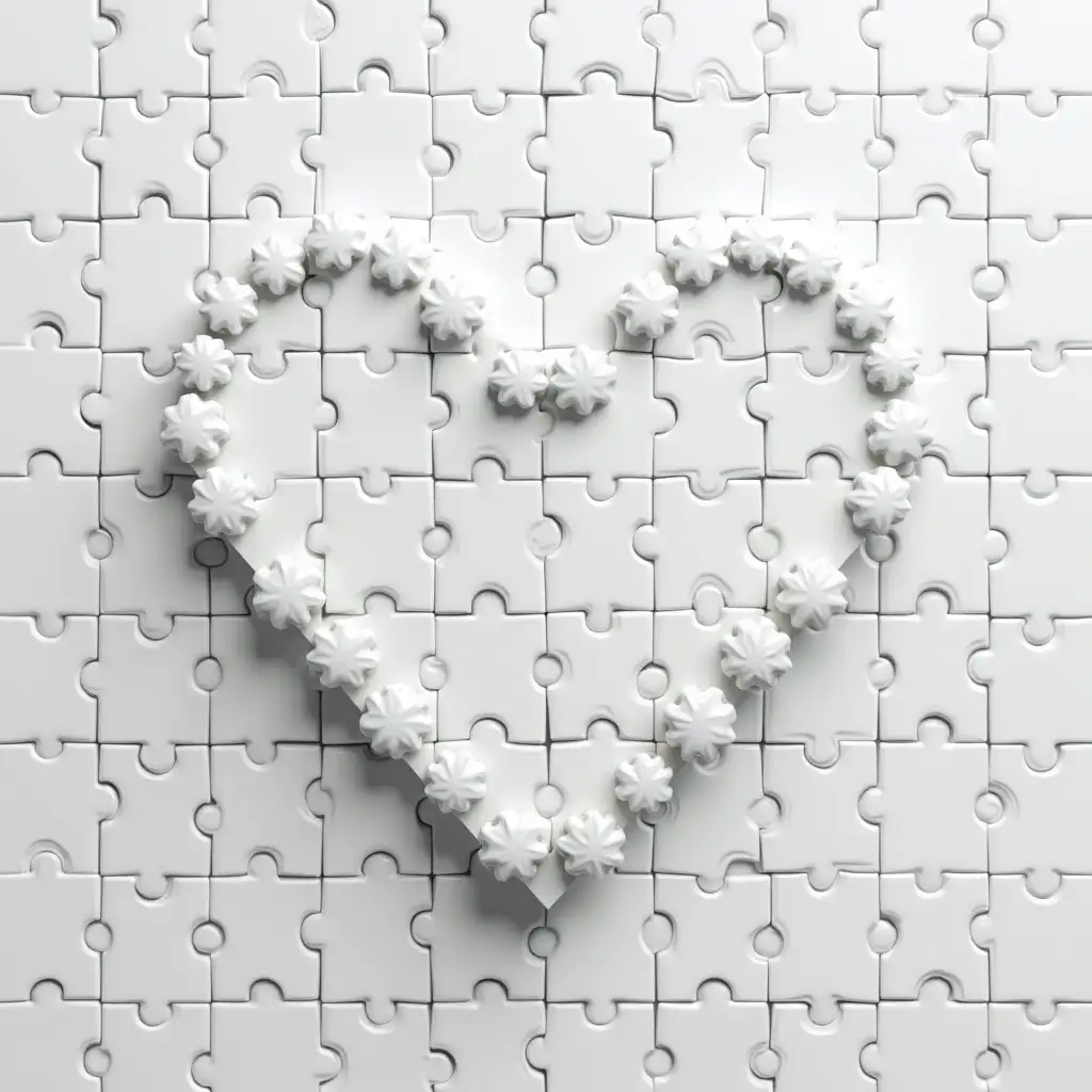 Generate a puzzle poster with small or otherwise sparse squares and inside this poster make a heart in the middle in the shape of squares but make it look like it's 3D and have a white color like in gray.