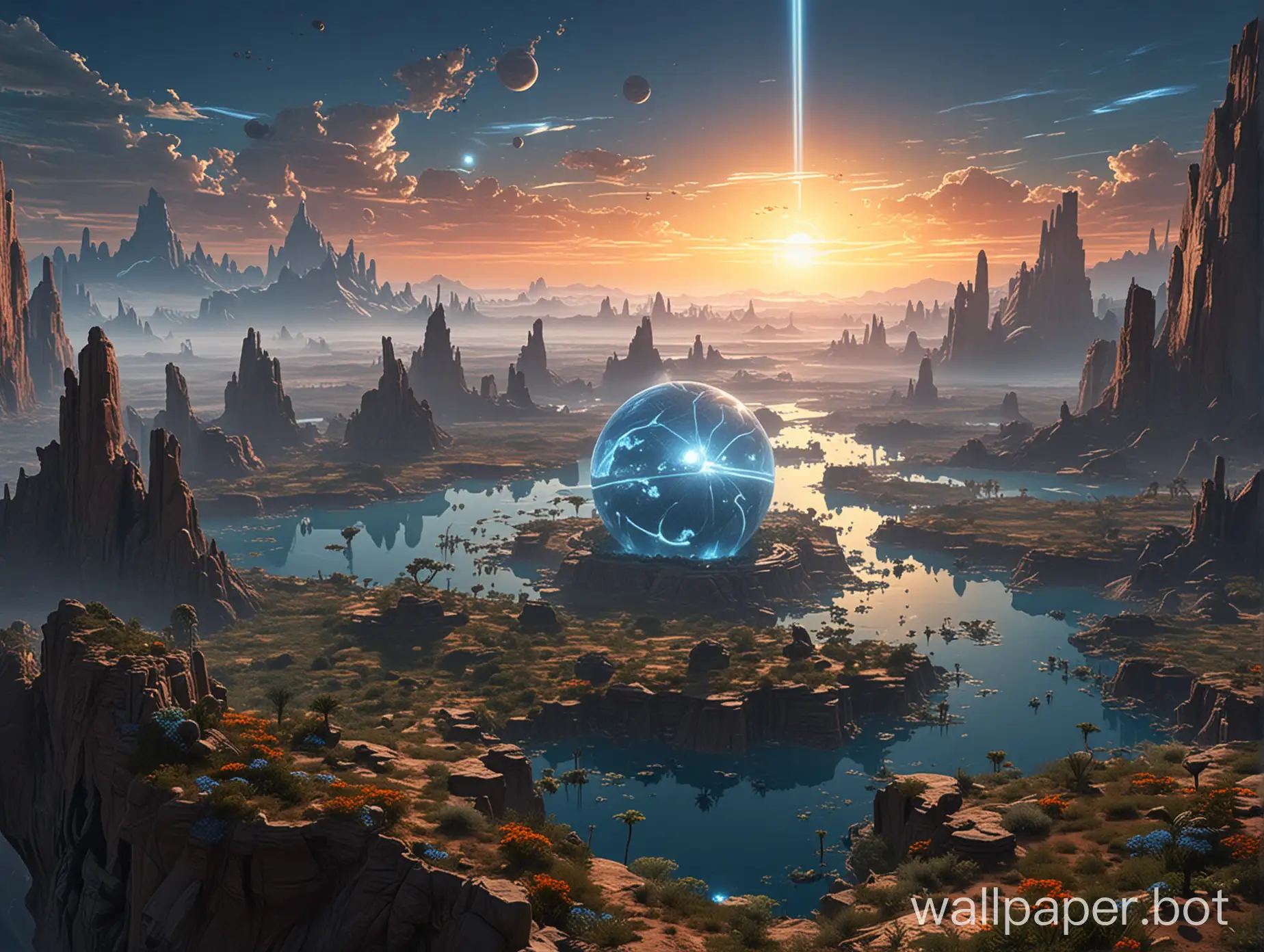 A planet much like Pandora from Avatar. It has two suns like Tatooine from Star Wars. The planet itself seems divided and literally disjoined but yet connected and together, all of the different parts of the planet are connected through a magic-like material glowing ever so slightly with the color of blue. The view itself is from afar and it can be seen the different biomes and civilizations thriving on them. The biomes blend nicely with each other even though they are different and diverse. In the sky the two suns are big and circling around each other very slowly. There are also sky islands powered by the same thing keeping the planet together- that magic-like material glowing ever so slightly with the color of blue. The local flora and fauna can be seen everywhere.