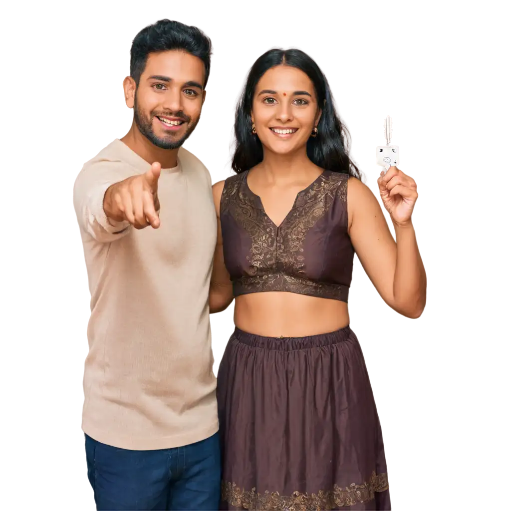 Indian-Husband-Wife-Smiling-and-Showing-Home-Key-PNG-Image-Perfect-for-Real-Estate-and-Family-Celebrations