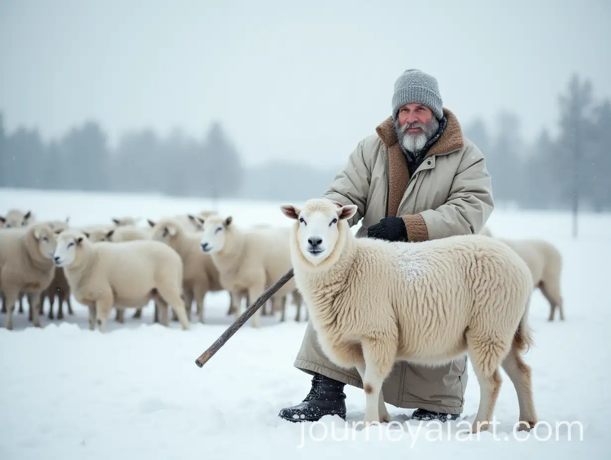 Romanian-Shepherd-with-Sheep-in-the-Snowy-Winter-Landscape