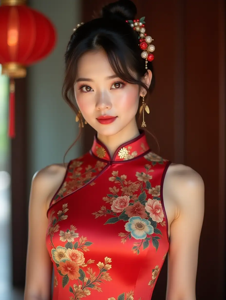 Alluring-Woman-in-Cheongsam-with-Flirty-Gaze-and-Headpiece-for-Photoshoot