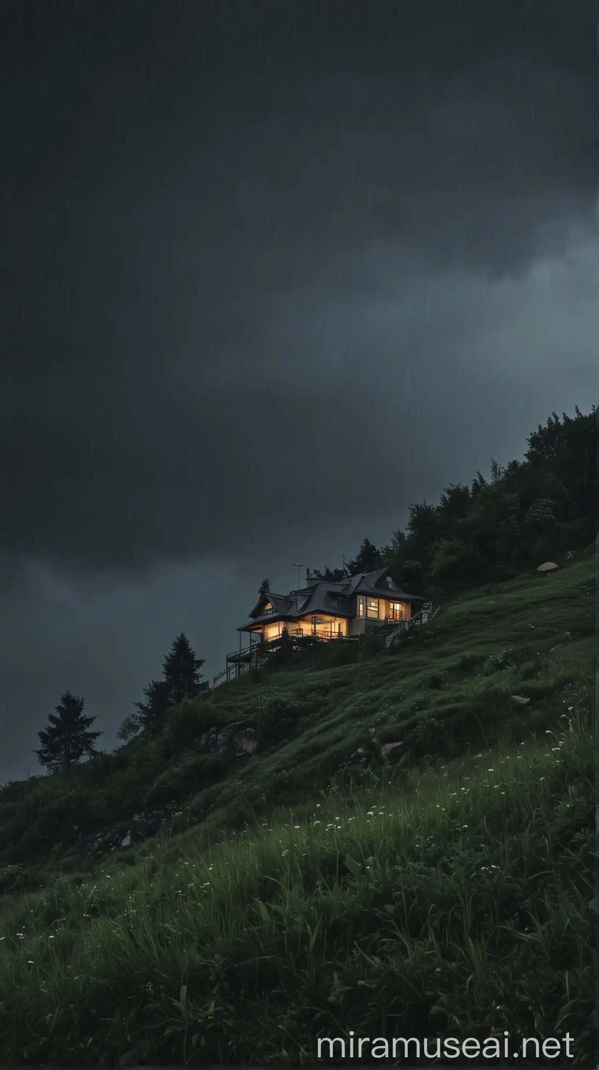 House on Rainy Night of Mountain Hill with Dark Sky