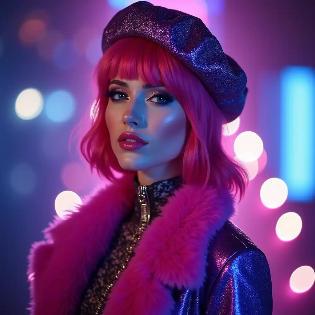 A confident woman with vibrant pink hair and striking, artistic makeup stands out against a backdrop of deep purples and blues, enhanced by shimmering bokeh lights. She wears a dazzling purple jacket that glistens under the ambient light, adorned with a fluffy pink fur collar that adds a touch of luxury and playfulness. A sparkling purple beret sits jauntily atop her head, completing her bold ensemble. Her gaze is direct and engaging, exuding an air of self-assuredness and charisma. The overall mood is one of high fashion and modern elegance, inviting viewers to embrace their individuality and express themselves unapologetically