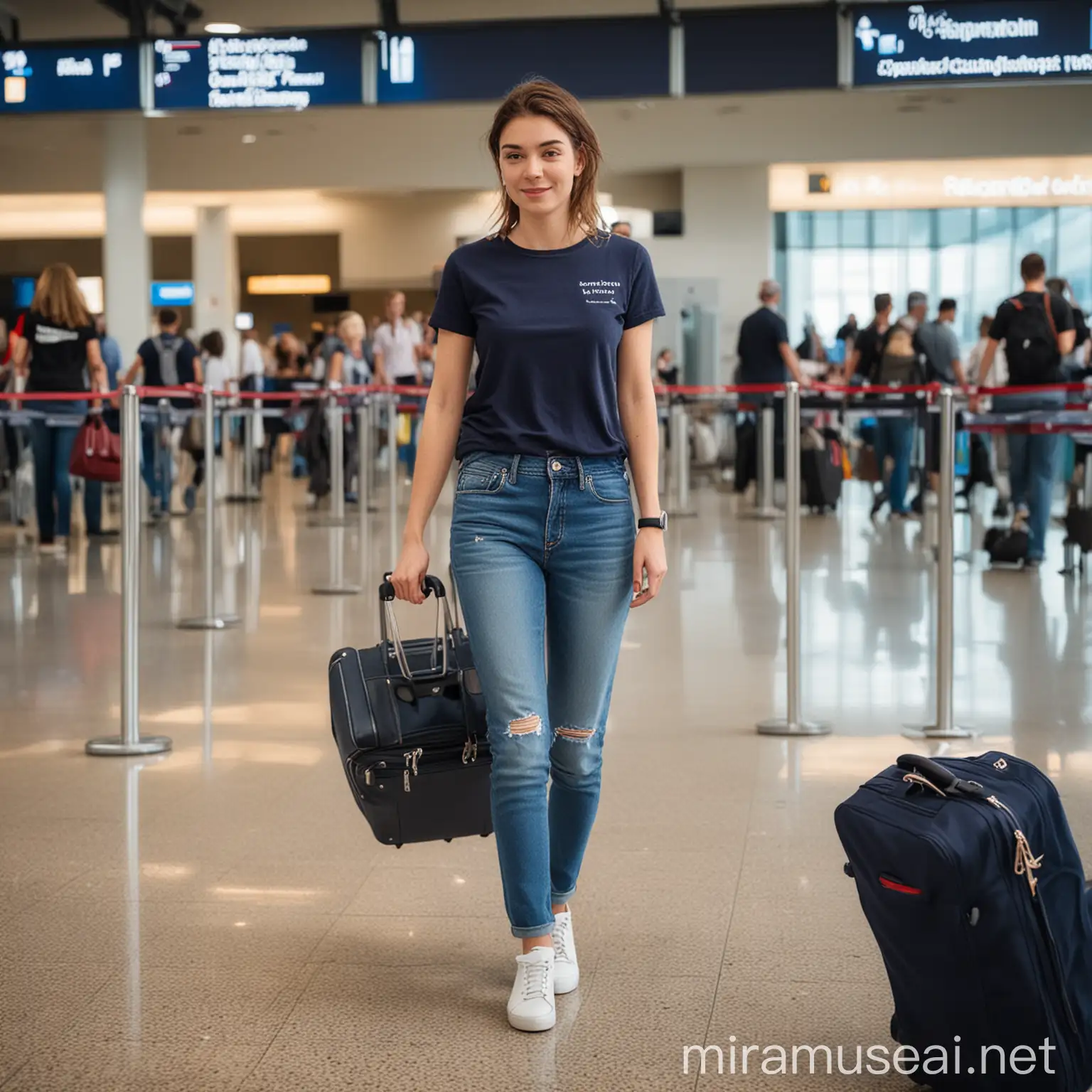 Woman with Hand Luggage in Airport Arrivals Hall