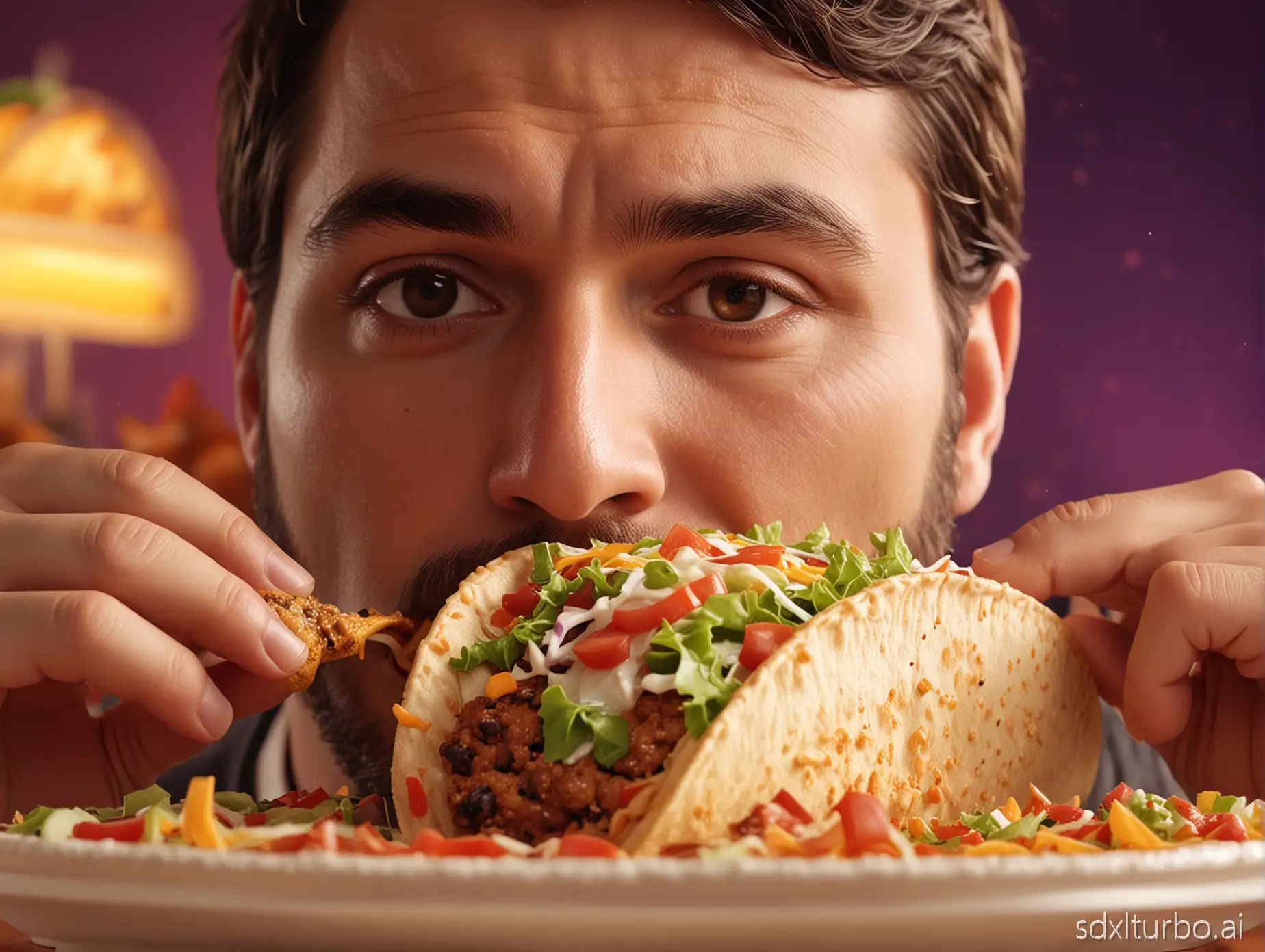 A man eating a taco, captured in ultra high-definition, hyper-realistic style. Shot with a disposable camera, with shallow depth of field and strong focus on taco. Natural lighting with fluorescent. Background is taco bell, rendered in cinematic tones. Color grading inspired by fast food restaraunt. High detail texture on taco. Composition follows the rule of thirds. hungry