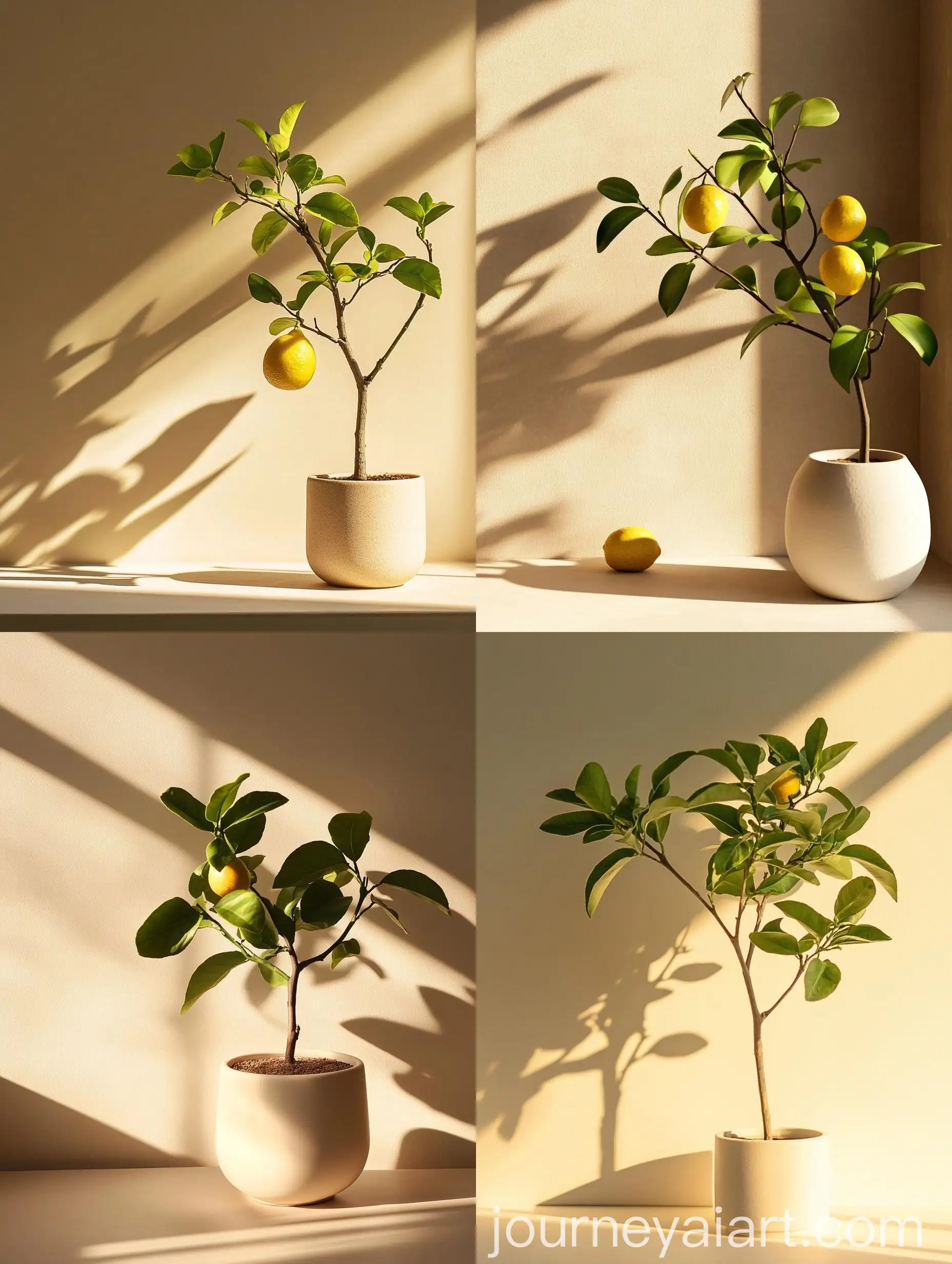 Modern-Beige-Room-with-Miniature-Lemon-Tree-and-Golden-Hour-Shadows