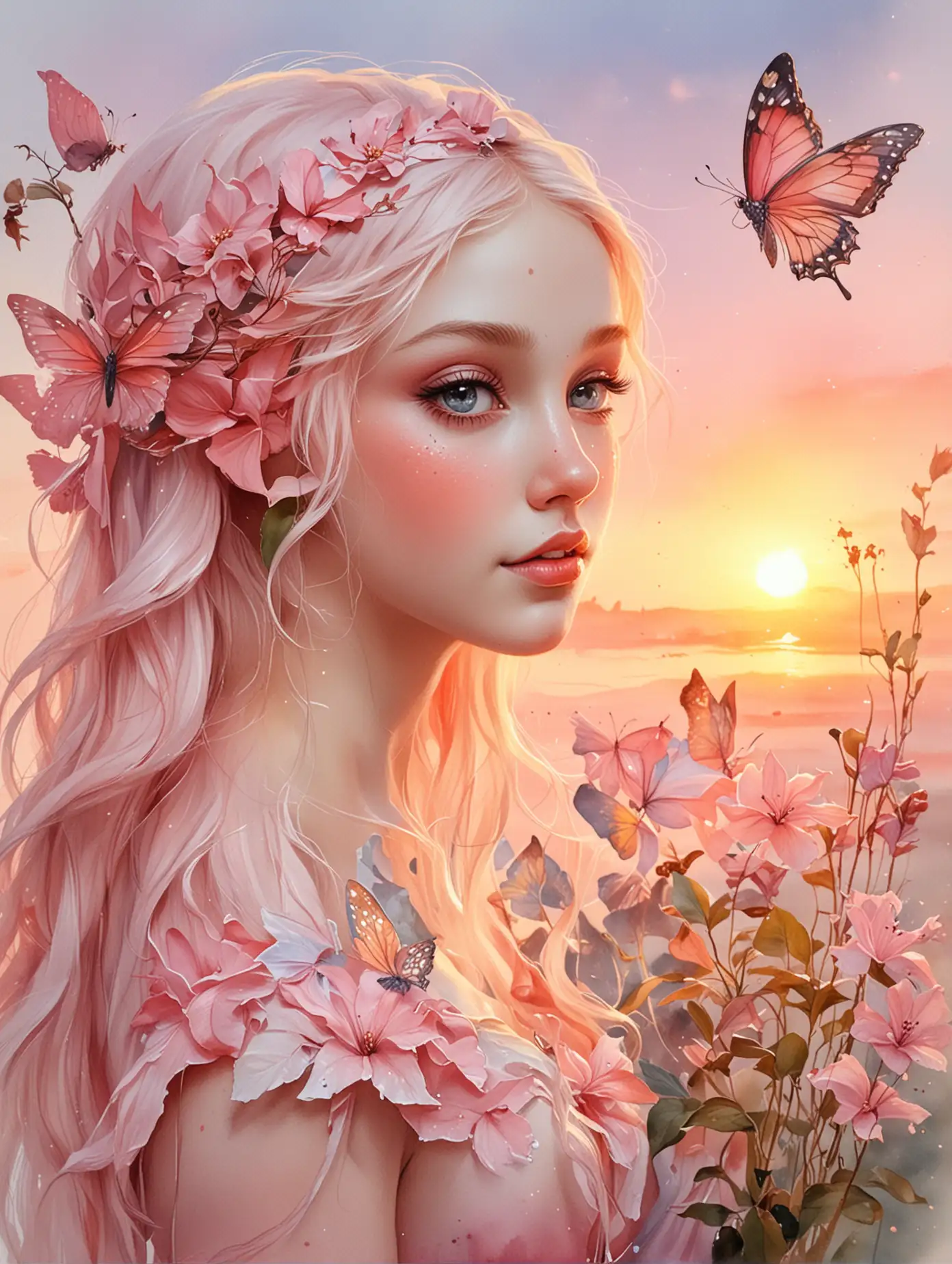 Watercolor Painting of a Graceful Elf at Sunset with Butterflies in Light Pink Hues