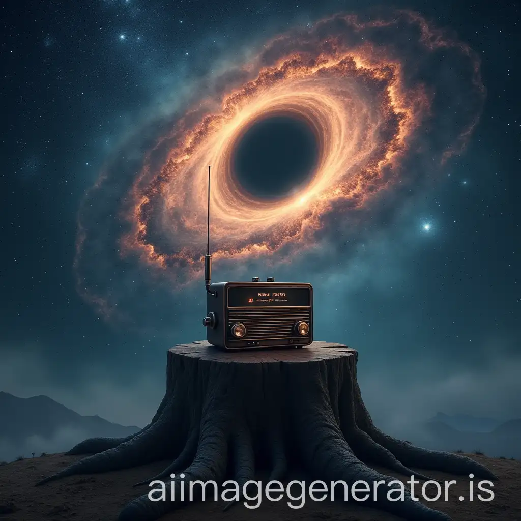 VintageAI-Art-Prompt-Expansion-Cosmic-Radio-on-Tree-Stump-with-Black-Hole-Sky