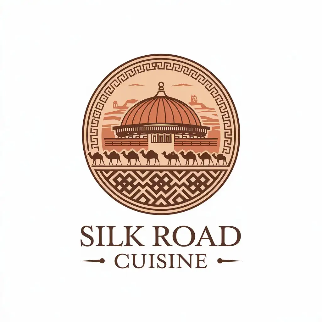 LOGO Design for Silk Road Cuisine Urumqi Grand Bazaar Dome Camels and Desert Tones