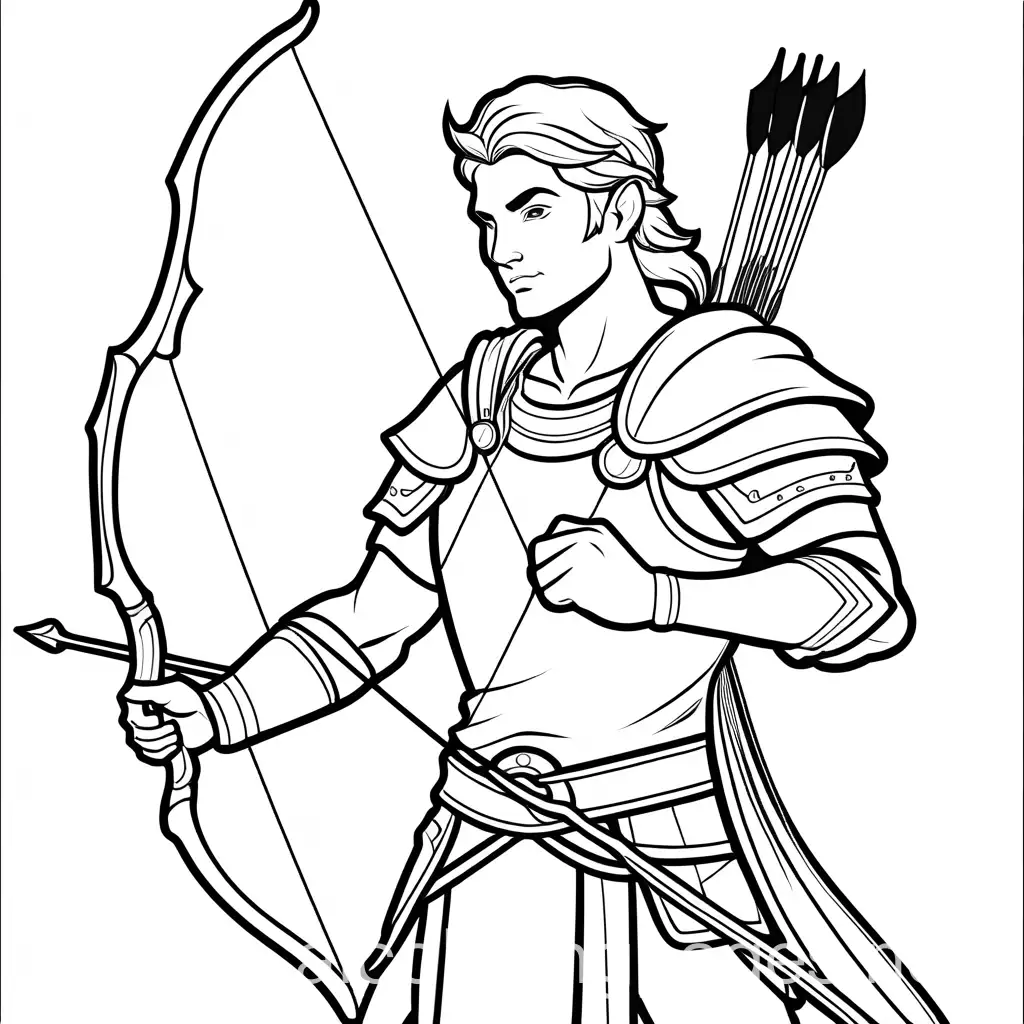 male archer avatar from fantasy book basic, Coloring Page, black and white, line art, white background, Simplicity, Ample White Space. The background of the coloring page is plain white to make it easy for young children to color within the lines. The outlines of all the subjects are easy to distinguish, making it simple for kids to color without too much difficulty