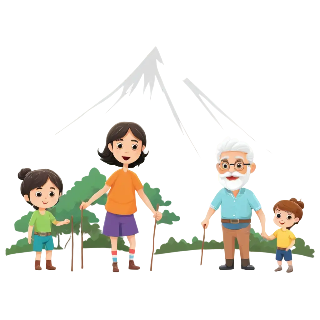 Mountain-Village-Family-Scene-PNG-Grandparents-Parents-and-Little-Brother-Cartoon-Illustration