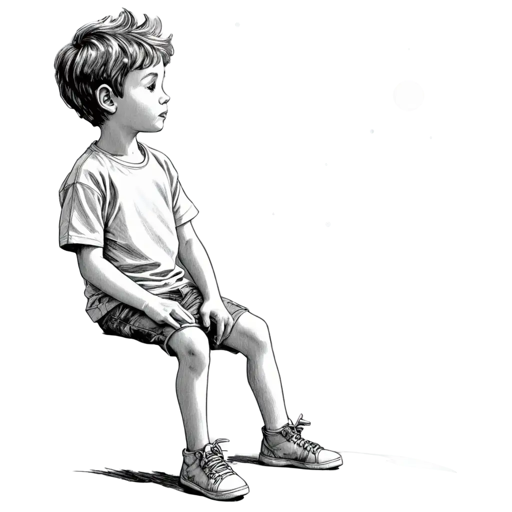 A-Little-Boy-on-a-Planet-Watching-the-Sunset-Black-and-White-Line-Drawing-PNG