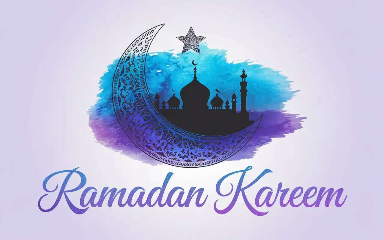 Artistic Ramadan theme with a detailed crescent moon, mosque silhouette, and a vibrant blue watercolor background, creating a soft and elegant composition. Ramadan Kareem in a flowing script font with soft blue-to-purple gradient, aligned neatly below the design.