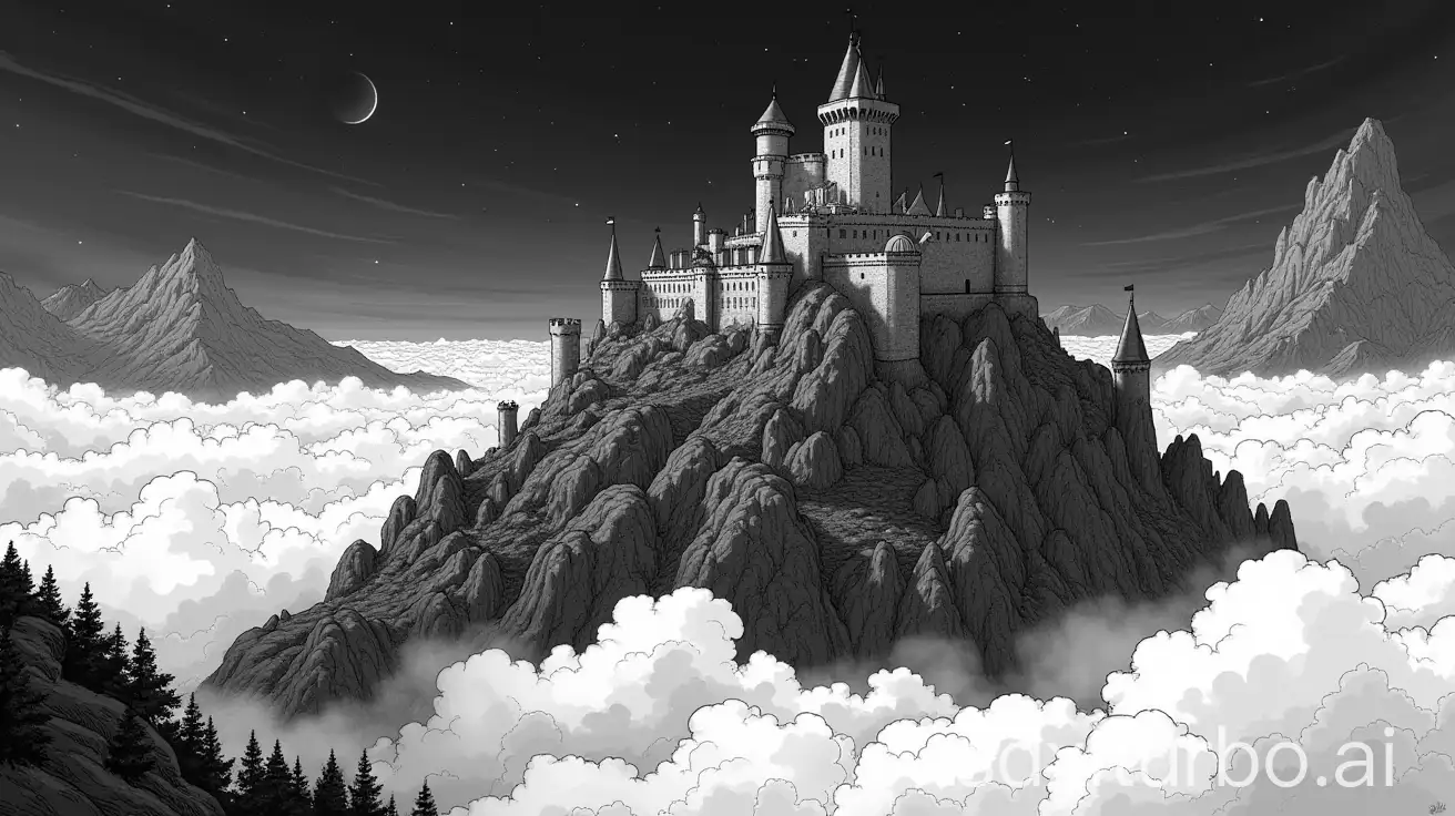 line art of a Fortress Castle on Cloudy Night, Dark Atmosphere, 1bit bw, style of 1977 AD&D, wallpaper panel