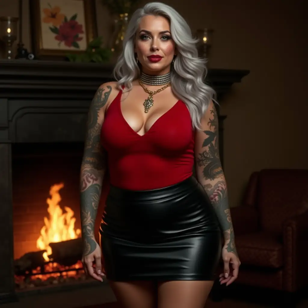 Gothic-Glamour-Plus-Size-Woman-in-Black-Leather-Miniskirt-by-Fireplace