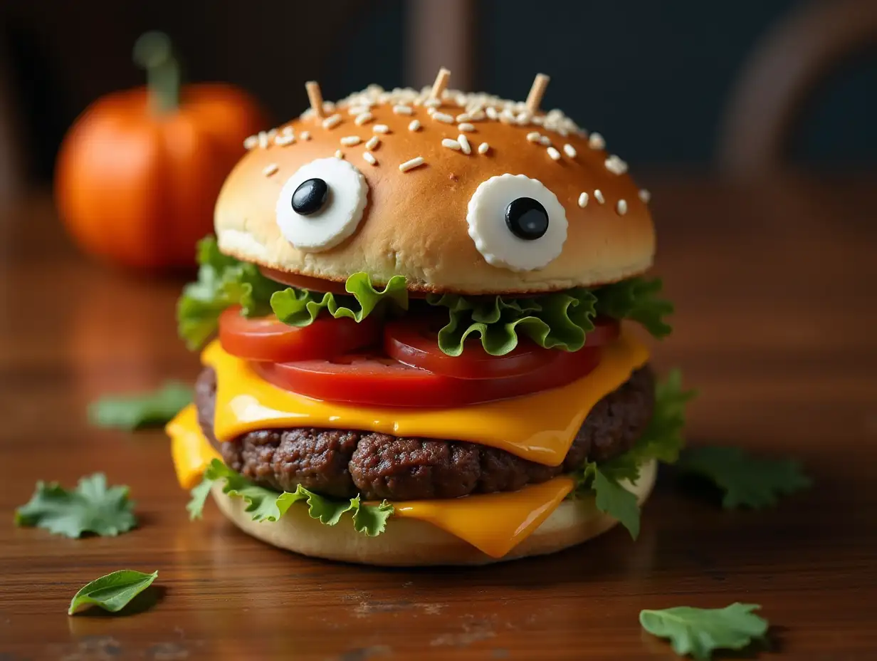 Burger monster for halloween menu on the table. Homemade creative food. Vertical view