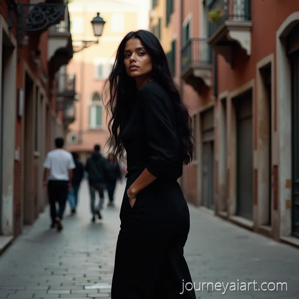 Elegant-Black-Woman-Walking-Through-Venice-Streets-in-Fashion-Photography-Style