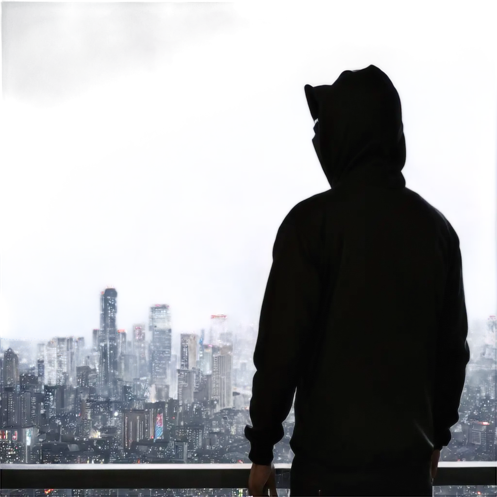 Cyberpunk-Rooftop-Scene-PNG-Image-Young-Man-in-Hoodie-Overlooking-Neon-City-at-Night