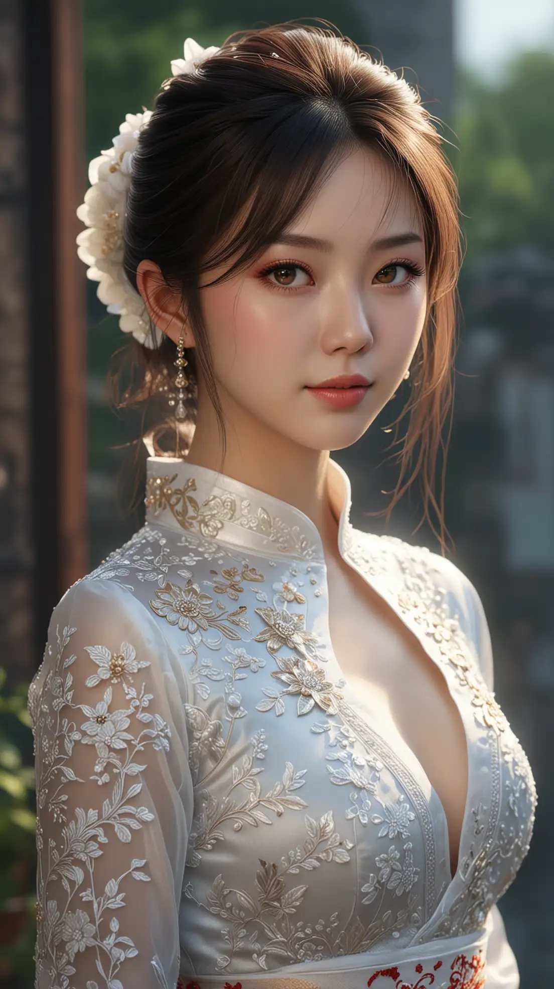 Beautiful-Girl-in-White-Cheongsam-Outdoors-with-Cinematic-Lighting