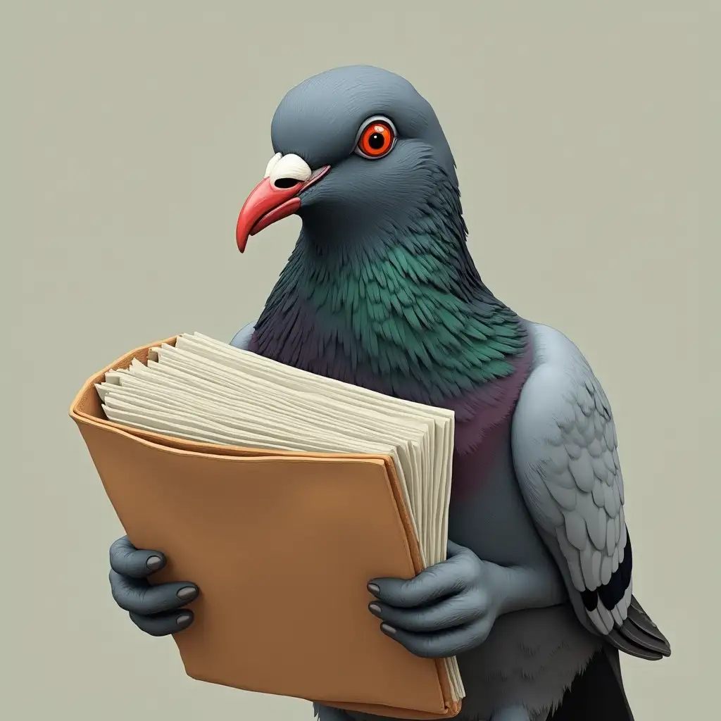 a pigeon holding a folder of documents in its beak