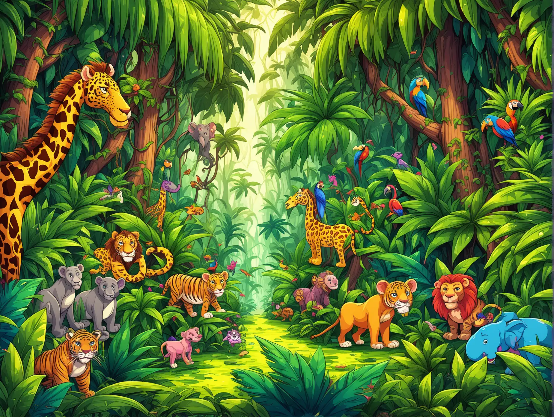 Colorful Cartoon Jungle with Dense Foliage and Wildlife